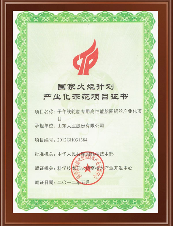 国家火炬计划产业化示范项目证书